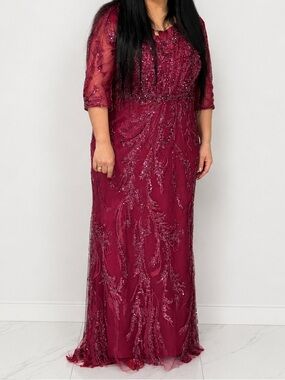 Mac Duggal Beaded Sequins Burgundy 3/4 Sleeve Evening Gown size 16